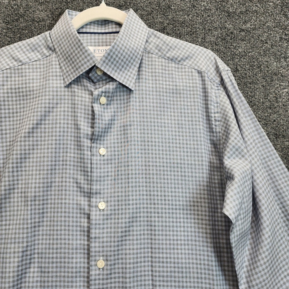 Eton Contemporary Fit Mens Gingham Plaid Cotton Dress Shirt 41/16 L Preppy Blue